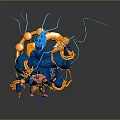 Small Warrior Character Confronting Giant Blue Creature With Orange Energy Effects 3d model