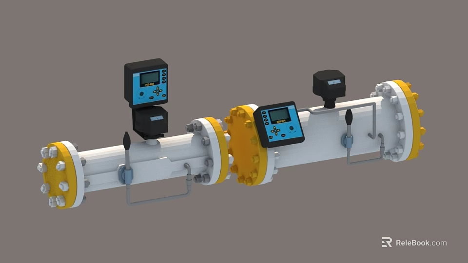 Industrial Factory Piping System With Control Instruments Yellow And White Valves 3d model 