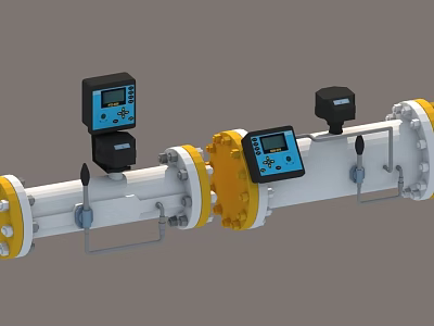 Industrial Factory Piping System With Control Instruments Yellow And White Valves 3d model