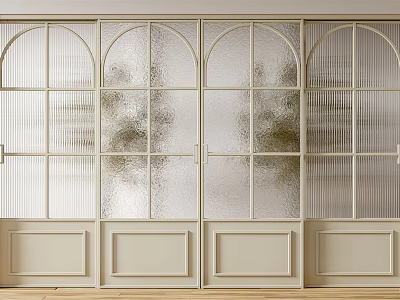 Arched Glass Door With Beige Frame And Frosted Glass Panels On Wooden Floor 3d model