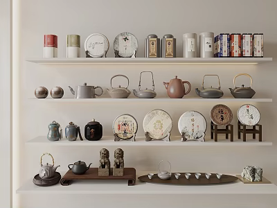 Traditional Ceramic Tea Sets Displayed On White Shelves With Teapots Trays And Assorted Designs 3d model