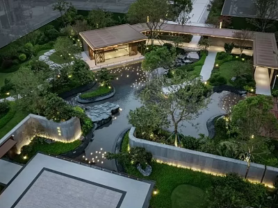 Tranquil Garden Landscape with Pavilion Water Pond Lush Greenery and Pathways 3d model