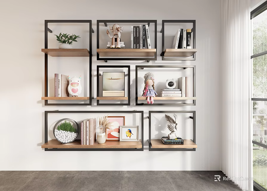Modern Wall Mounted Shelving Unit With Metal Frame Wooden Shelves And Decorative Items 3d model 