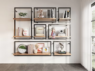 Modern Wall Mounted Shelving Unit With Metal Frame Wooden Shelves And Decorative Items 3d model