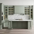 Light Green Kitchen Cabinets With Glass Doors Lighting And Marble Island Countertop