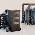 Industrial Equipment With Metal Tanks Connected Piping Systems And Control Cabinet