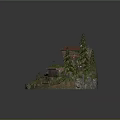 Charming Cartoon Scene With Small House Pine Trees Rocks And Vintage Car