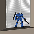 Blue Robot Sculpture With Weapon Standing On Window Sill By Blinds 3d model
