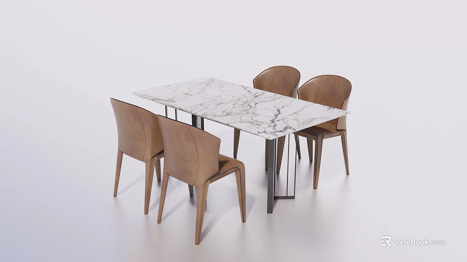 Modern Rectangular Dining Table Set with Marble Top and Four Brown Chairs 3d model