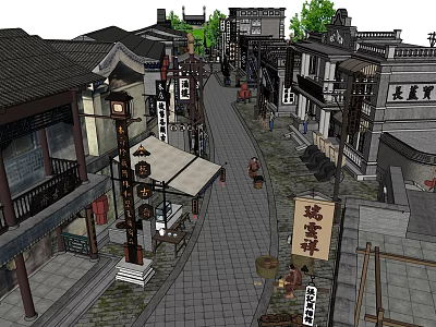 Traditional Chinese Commercial Street with Ancient Architecture Stone Paved Road and Shop Signs 3d model