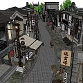 Traditional Chinese Commercial Street with Ancient Architecture Stone Paved Road and Shop Signs