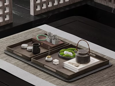 Traditional Chinese Tea Serving Trays with Teapot Green Moss and Porcelain Cups 3d model