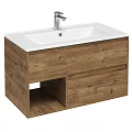 Modern Bathroom Vanity Sink With Wooden Cabinet White Countertop Chrome Faucet Drawer And Open Storage Shelf