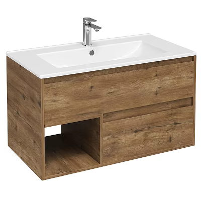 Modern Bathroom Vanity Sink With Wooden Cabinet White Countertop Chrome Faucet Drawer And Open Storage Shelf 3d model