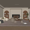 Modern Living Room Interior With Arch Bookshelves Fireplace Beige Sofa And Area Rug