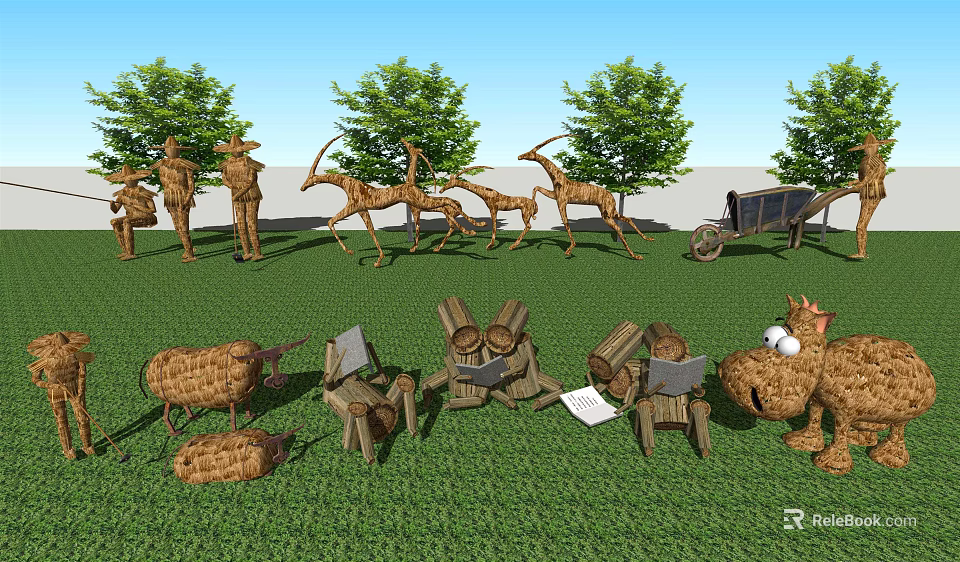 Outdoor Farm Scene Agricultural Equipment Including Wheelbarrow Wooden Barrels And Farm Tools On Grassland 3d model 