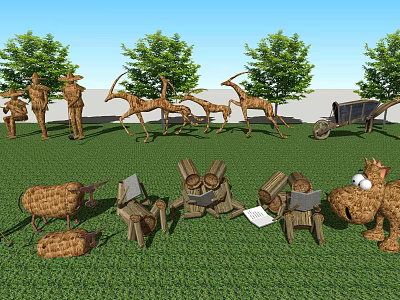 Outdoor Farm Scene Agricultural Equipment Including Wheelbarrow Wooden Barrels And Farm Tools On Grassland 3d model