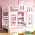 Kids Pink And White Bunk Bed With House Shaped Design Window Doors And Drawers