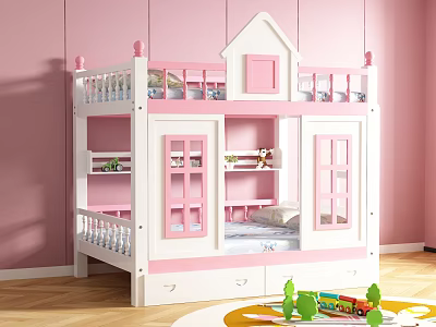 Kids Pink And White Bunk Bed With House Shaped Design Window Doors And Drawers 3d model