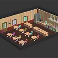 Simple Dining Interior With Multiple Tables Chairs Dark Wooden Floor Windows And Cabinets