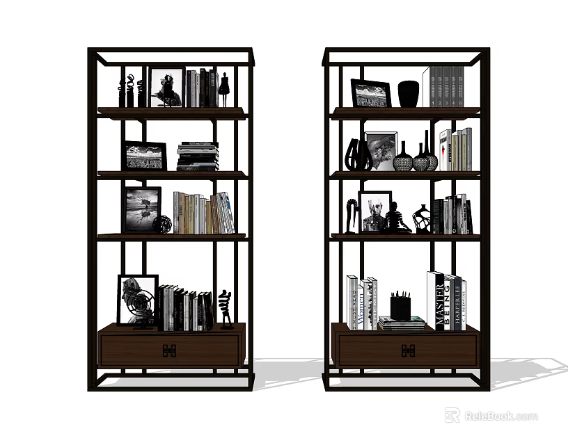 Modern Black Frame Bookcase With Multiple Shelves Books Photo Frames And Decor Items 3d model 