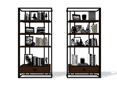 Modern Black Frame Bookcase With Multiple Shelves Books Photo Frames And Decor Items 3d model