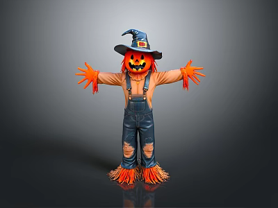 Scarecrow Pumpkin Head Witch Hat Strap Pants Straw Hands and Feet Ripped Jeans 3d model