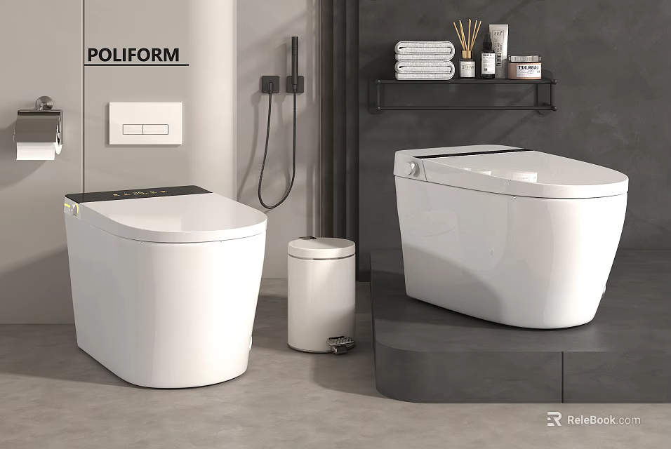 Modern POLIFORM Bathroom With Two White Toilets Trash Can And Shelf With Towels 3d model 