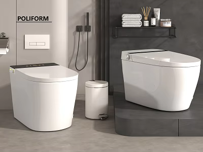 Modern POLIFORM Bathroom With Two White Toilets Trash Can And Shelf With Towels 3d model