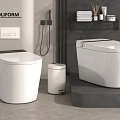 Modern POLIFORM Bathroom With Two White Toilets Trash Can And Shelf With Towels