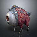Sci Fi Mechanical Creature Featuring Red Flesh Like Body Silver Circular Section And Metal Legs