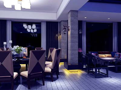 Modern Restaurant Interior With Dining Tables Chairs Pendant Lights And Sofa Seating 3d model
