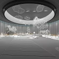 Indoor Garden Space Featuring Wooden Walkway Water Features Mural Backdrop And Circular Ceiling