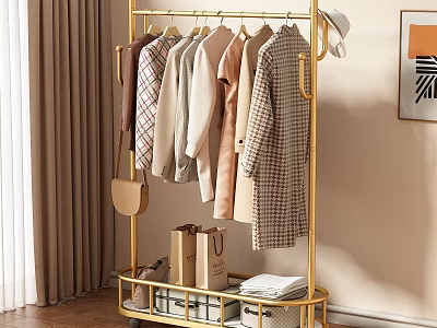 Golden Metal Clothes Rack Hanging Various Clothes Handbag and Storage Shelf with Shoes for Home 3d model