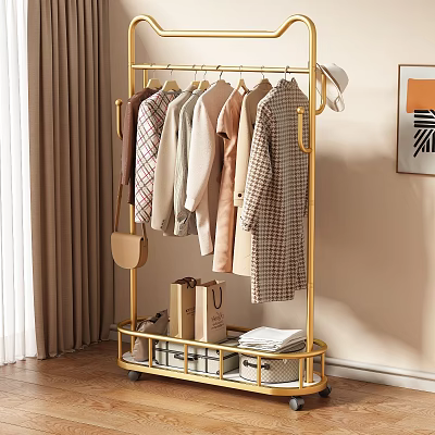 Golden Metal Clothes Rack Hanging Various Clothes Handbag and Storage Shelf with Shoes for Home 3d model