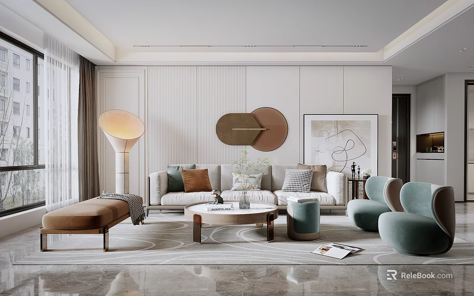 Modern Living Room Interior Featuring Comfortable Sofa Green Armchairs Coffee Table And Decorative Art 3d model 