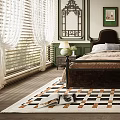 Traditional Bedroom Interior With Shuttered Windows Chandelier Wooden Bed And Patterned Rug
