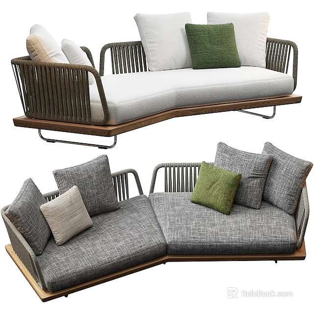 Outdoor Sofa With Woven Frame Green Beige Gray Cushions Corner And Bench Design 3d model 
