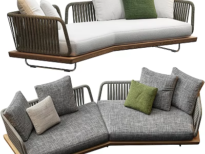 Outdoor Sofa With Woven Frame Green Beige Gray Cushions Corner And Bench Design 3d model