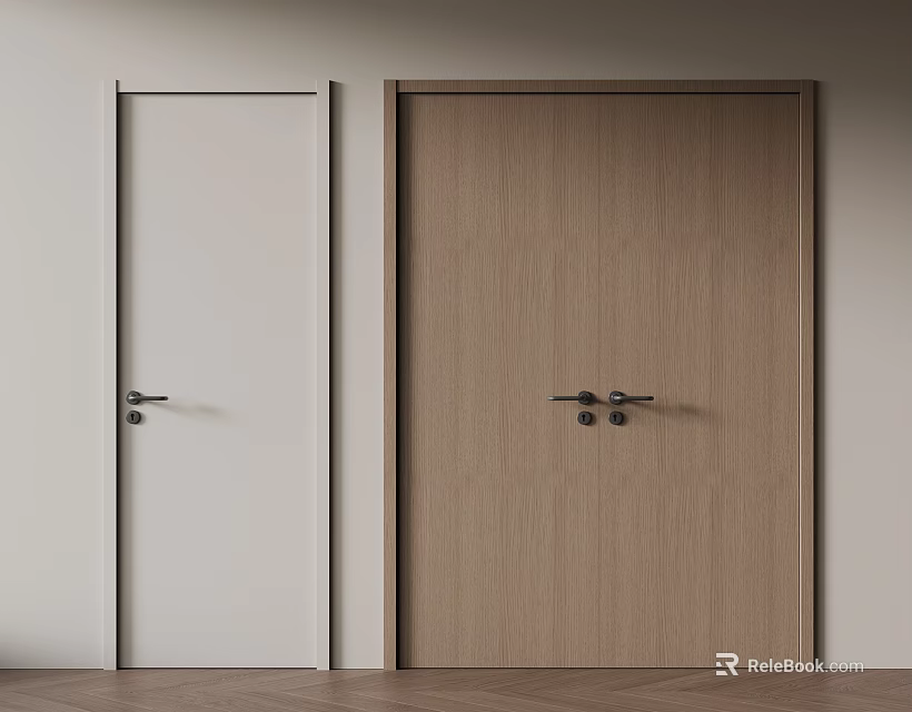 Modern Wooden Double Doors With Light Single Door In Interior Room 3d model 