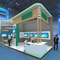 USHIO Exhibition Booth With Modern Design Multiple Blue Screens And People Interacting