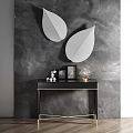 Stylish Black Console Table With Gold Legs And Leaf Shaped Mirrors On Gray Wall 3d model