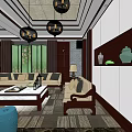 KTV Lounge Interior With Comfortable Sofas Coffee Tables Chandeliers And TV Screen 3d model