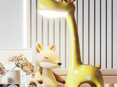 Yellow Giraffe Table Lamp With White Polka Dots And Fox Plush Toy In Kids Room 3d model