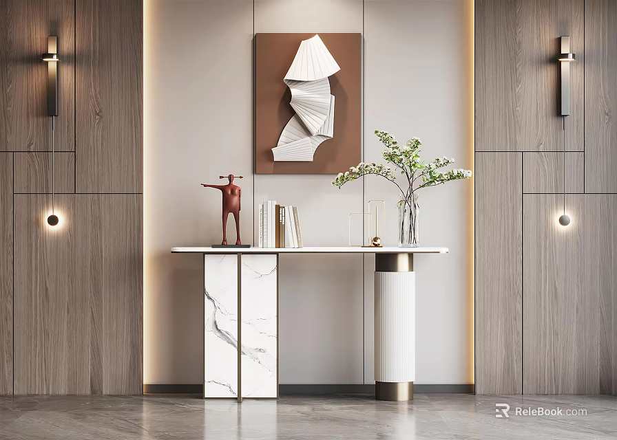 Modern Console Table with Marble Top Decorative Art Green Plants and Wooden Wall Lamps 3d model 