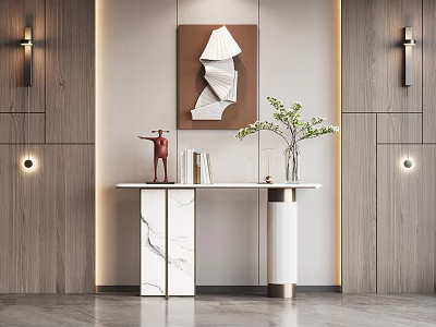 Modern Console Table with Marble Top Decorative Art Green Plants and Wooden Wall Lamps 3d model