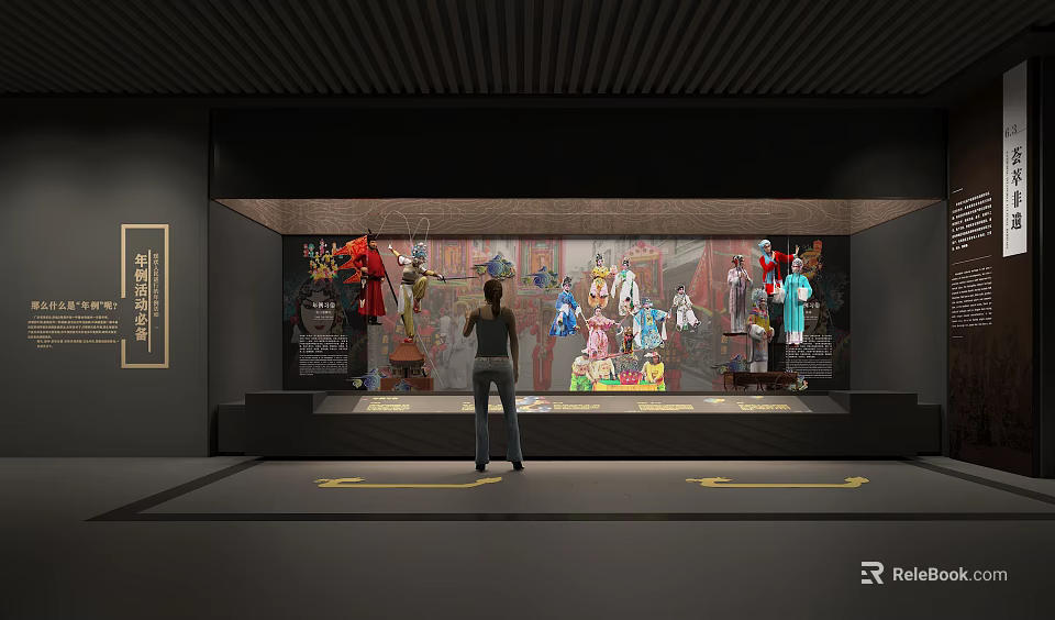 Person Viewing Various Traditional Costumes In Exhibition Display Cabinet Hall 3d model 