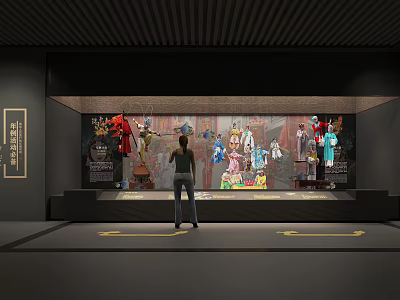 Person Viewing Various Traditional Costumes In Exhibition Display Cabinet Hall 3d model