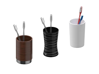 Stylish Daily Washing Toothbrush Holders In Wooden Black Striped And White With Toothbrushes 3d model