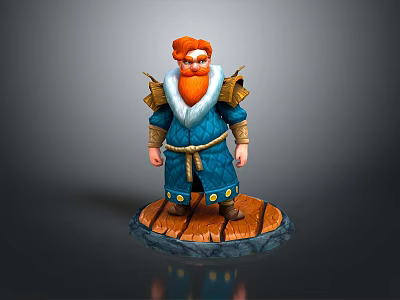 Game and Movie Character With Red Hair Beard Blue Robe Shoulder Armor On Wooden Base 3d model